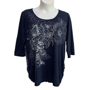 3/$30 Faded Glory Top Womens 4X Navy Blue Paisley 3/4 Sleeve Ruch Sides Stud Emb